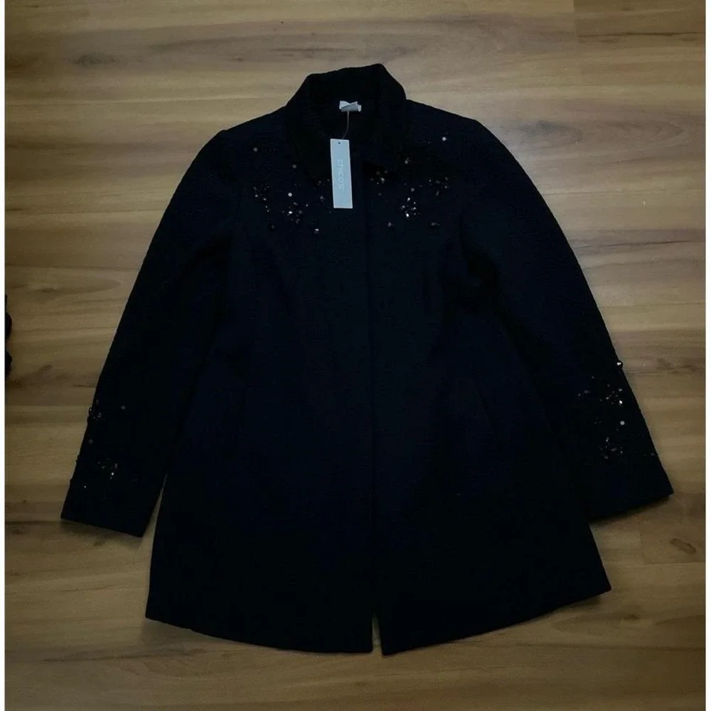 Womens NWT Chico's Beaded‎ Knit Jacquard  Topper  Black Casual Jacket